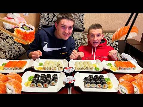 Видео: Кто быстрее съест 3 кг суши. Большой сет роллов на двоих. Кто первый съест много еды