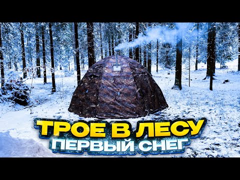 Видео: Трое в лесу в первый снег | Кемпинг с горячей палаткой | Заснеженный лес в золотую осень | Бушкрафт