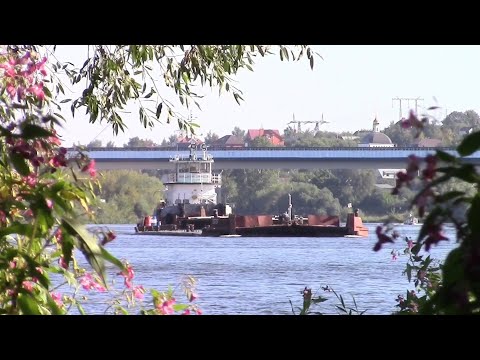 Видео: Буксир-толкач "Владимир Шарапов" с гружёной песком баржей идёт вверх по Москва-реке!