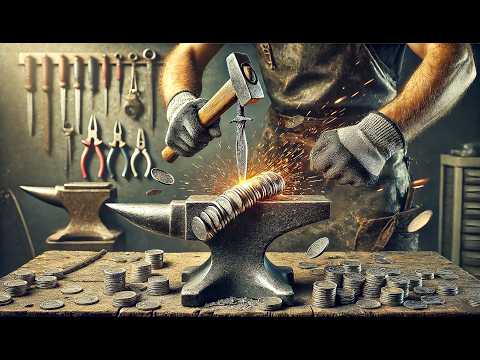 Видео: Что получится, если выковать дамасский нож из монет, отлитых из автомобильного двигателя.