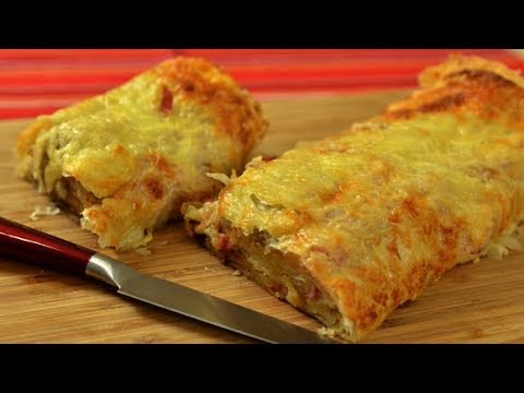 Видео: Пица-баница. Оригинална хрумка с точени кори на руло с плънка от шунка, кашкавал и гъби.