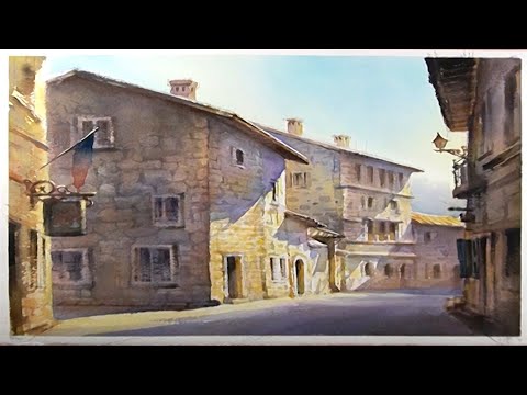 Видео: Акварельная живопись - улица средневекового города