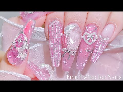 Видео: sub) Розовые твидовые ногти со льдом🎀💗/🇰🇷Корейский маникюр / Нейл-арт / ASMR