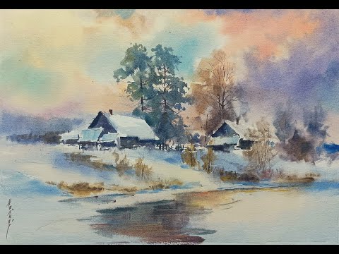 Видео: Winter evening.  Watercolor demo. Зимний вечер. Акварель. Sketch 21