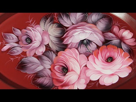 Видео: Выправка красных роз на Жостовском подносе с бордовым фоном. Лариса Гончарова