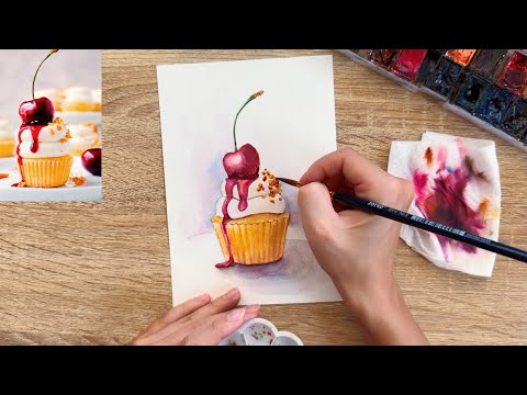 Видео: 🧁 Пошаговый мастер-класс акварелью | простой урок для начинающих | рисуем пирожное