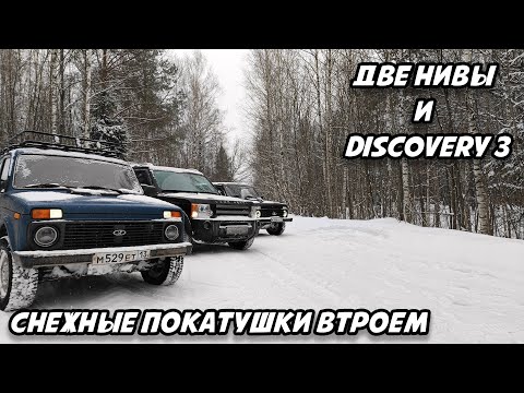 Видео: Нивы и Дискарь по снегу. Land Rover Discovery 3 и стоковые Нивы на МТ и на цепях #нива #бездорожье