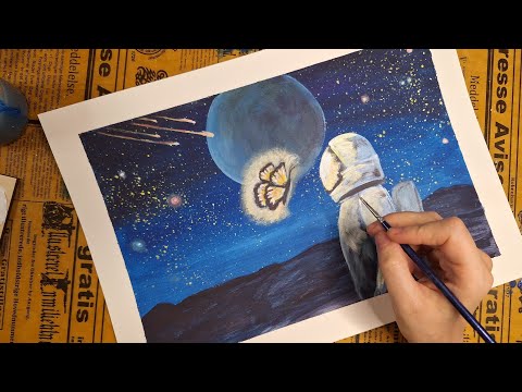 Видео: Очень быстрый космический пейзаж. Как нарисовать космос. Рисуем космическую фантастику акрилом