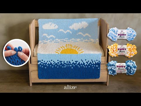 Видео: Детское одеяло с изображением моря и солнца с пряжей Alize Puffy More