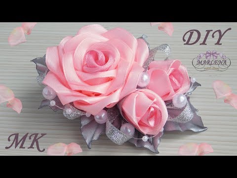 Видео: Роза канзаши 🌹. Нарядная заколка с букетиком роз МК/DIY 👐