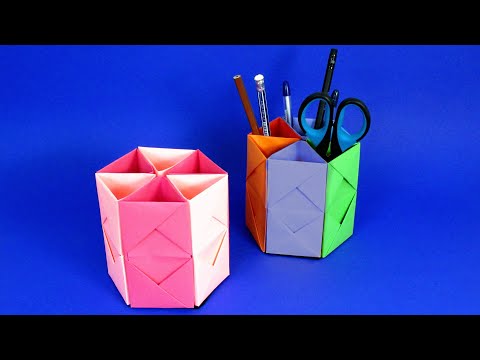 Видео: Как сделать оригами подставку для карандашей. Красивая подставка для карандашей из бумаги.