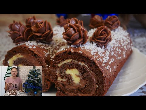 Видео: Шоколадный Бисквитный Рулет с Масляным Кремом и Шишками на Снегу