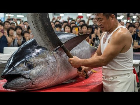Видео: Идеальный разрез синего тунца весом 465КГ от лучшего мастера в мире! #МорскойЗверь