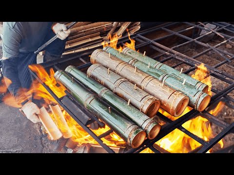 Видео: Барбекю из бамбуковых трубочек, нарежьте бамбук, чтобы сделать трубчатый рис