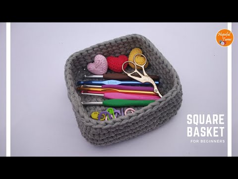 Видео: Как связать крючком квадратную корзину из пряжи для футболок