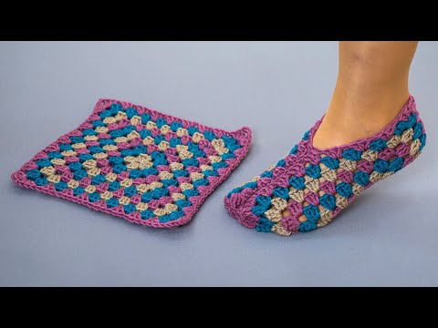 Видео: Легкие тапочки «бабушкины квадраты» крючком!