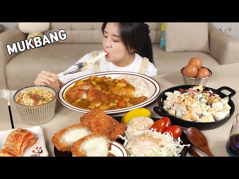 Видео: Мукбанг :) Сырный тонкацу с большим количеством сыра, рис с карри по-корейски, фруктовый салат.