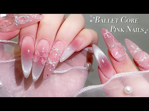 Видео: sub) Ногти с балетной лентой!🩰🎀/🇰🇷Корейский маникюр / Френч с магнитным гелем / Дизайн ногтей / ASMR