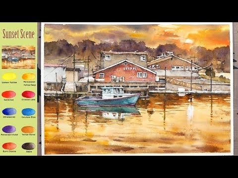 Видео: Закатная сцена - Пейзажная акварель (эскиз смешивание цветов, Arches rough) NAMIL ART