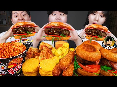 Видео: ASMR MUKBANG | гамбургер, Сырная палочка, Огненная лапша, хотдог рецепт блюда принимать пищу