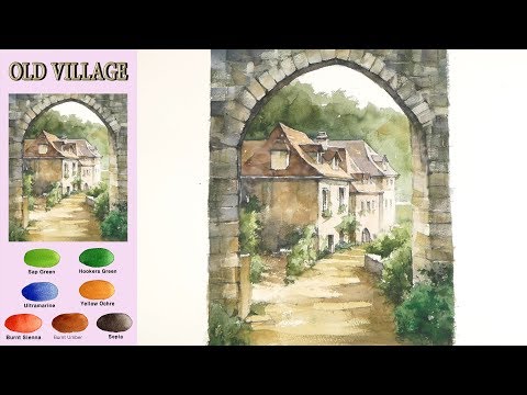 Видео: Пейзажная акварель - Старая деревня  (sketch & coloring, Arches rough) NAMIL ART