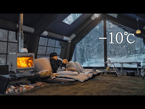 Видео: -10℃ Кемпинг на снежном поле с моей собакой . 2-комнатная надувная палатка . Дровяная печь ASMR