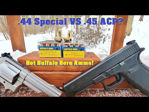 Видео: .44 Special против .45 ACP? Горячие патроны Buffalo Bore!