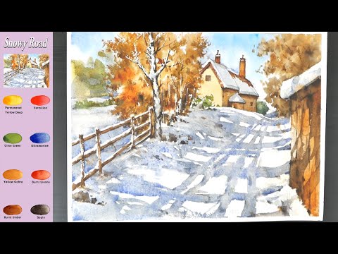 Видео: Зима  Пейзаж Акварель -  Снежная дорога  (эскиз и  смешение цветов)
