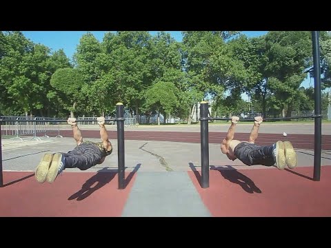 Видео: 151 отжимание от пола, 6 выходов силой, уголки на столбах, вис на согнутой руке, 20 Burpee