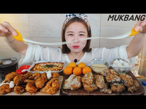 Видео: Субтитры) Spicy pepper cream chicken. Fried crispy chicken. Cheese balls MUKBANG ASMR eating show