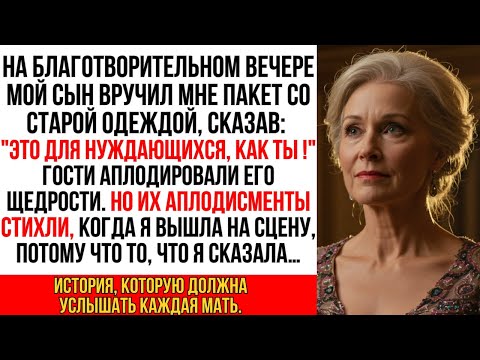 Видео: Сын дал мне пакет с обносками, сказав: «Это для бедных, как ты». Все аплодировали. Но когда я взяла…