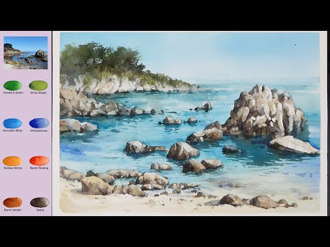 Видео: Без эскиза Пейзаж Акварель - Побережье (2X скорость, вид названия цвета)