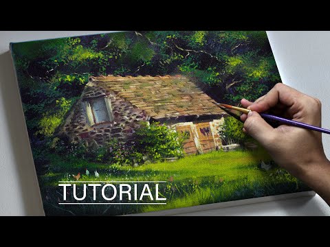 Видео: Урок по пейзажной живописи | Простой пошаговый урок для начинающих | Живопись акрилом в стиле хижины