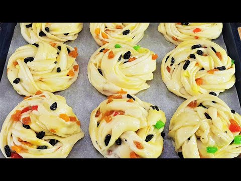 Видео: Вкусные слоеные булочки с начинкой! Изюм, курага, цукаты.
