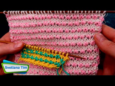 Видео: УЗОРЫ СПИЦАМИ, ВЯЗАНИЕ. Узор Ленивый Жаккард "Цветные Полосочки" для вязания детских вещей № 588