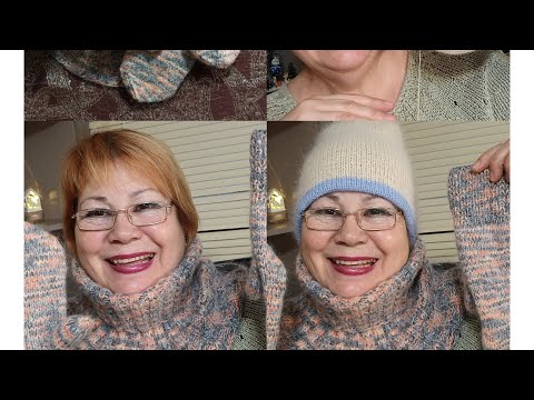 Видео: Готовые работы (манишка с варежками, шапка из пряжи "пух норки").