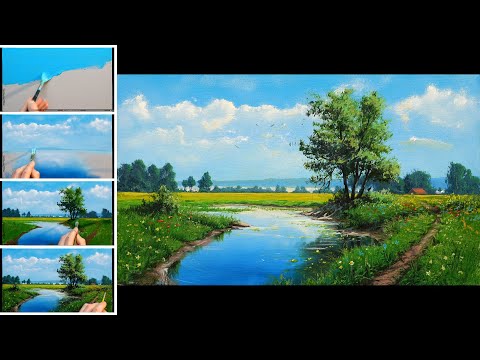 Видео: Летний пейзаж. Мастер-класс. Живопись акрил. Искусство. Рисование.