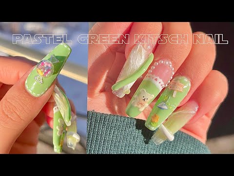 Видео: 💚Ногти в пастельно-зеленом китче🐻‍❄️ | Дневник для ногтей EP-10 | милые ногти