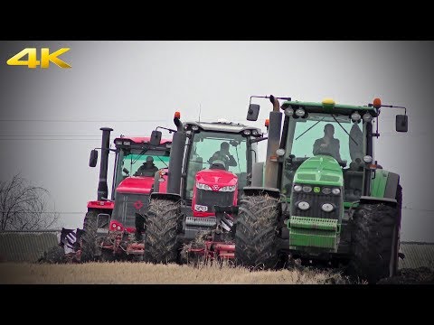 Видео: Тракторы Кировец К-744Р3, Massey Ferguson 8737 и John Deere 8430 в одной борозде - вспашка 2019