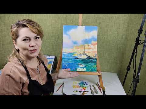 Видео: Морской пейзаж с яхтой мастихином