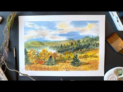 Видео: Как нарисовать осенний пейзаж 🍂 Рисуем пейзаж с горами, деревьями и озером на формате А4 🍂