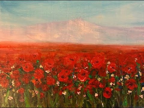 Видео: Как рисовать Маковое поле акрилом. How to paint poppy field with acrylic.