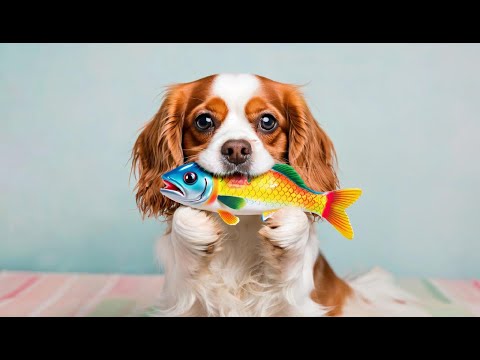 Видео: Собака кавалер кинг чарльз спаниель и игрушечная рыба