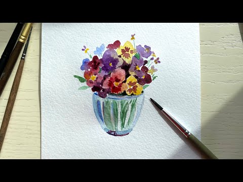 Видео: Анютины глазки акварелью. Рисуем букет цветов поэтапно