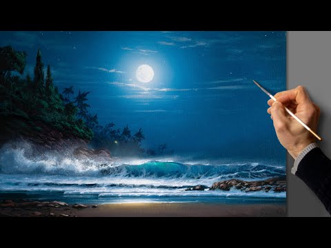 Видео: Аcrylic Seascape Painting - Night Sea / Easy Art / Морской пейзаж акрилом. Уроки рисования. Живопись