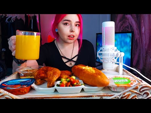 Видео: куриные окорочка с салатом,хумус  и мидии мукбанг/ответы на вопросы/еда на камеру mukbang