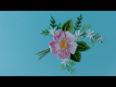 Видео: Арт Вышивка : Как Вышить Цветок Шиповника гладью