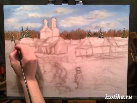 Видео: Новогодний пейзаж. Масло. Часть 1