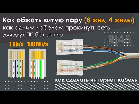 Видео: Как обжать витую пару (8 жил, 4 жилы) и как одним кабелем сделать сеть для двух ПК без свитча