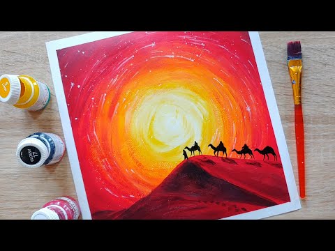 Видео: Рисуем пустынный пейзаж с верблюдами / Жаркая пустыня акрилом / Огненный закат